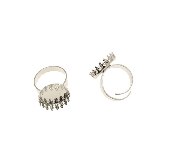 Base per anello, regolabile, con castone porta cabochon tondo da incollo, 16 mm.