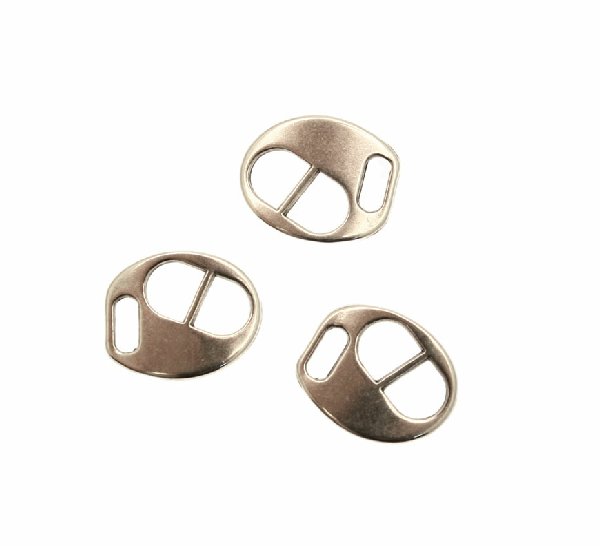 Chiusura per cordoncini o nastri piatti, effetto fibbia, forma ovale, liscia, 14x12 mm.