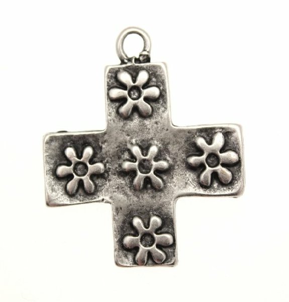 Ciondolo a forma di croce quadrata con 5 fiori 28 mm.