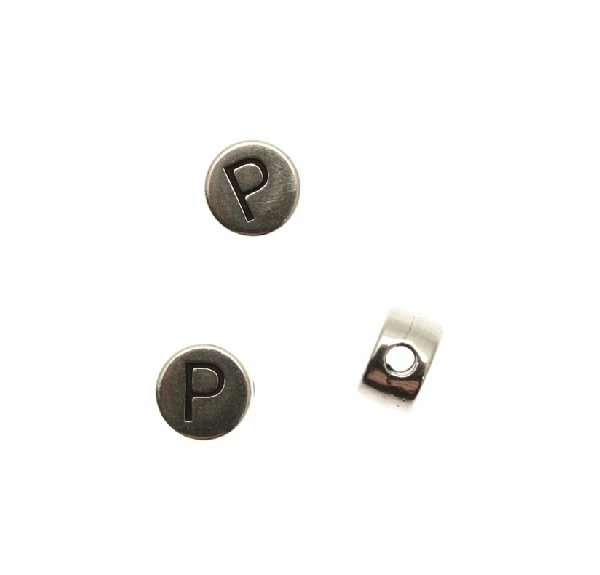 Distanziatore tondo piatto liscio, con disegno lettera "P", 7x4 mm.
