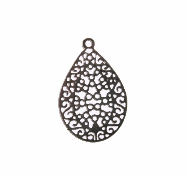 Filigrana a goccia piatta, sottile, traforata a riccioli, 16x24 mm.