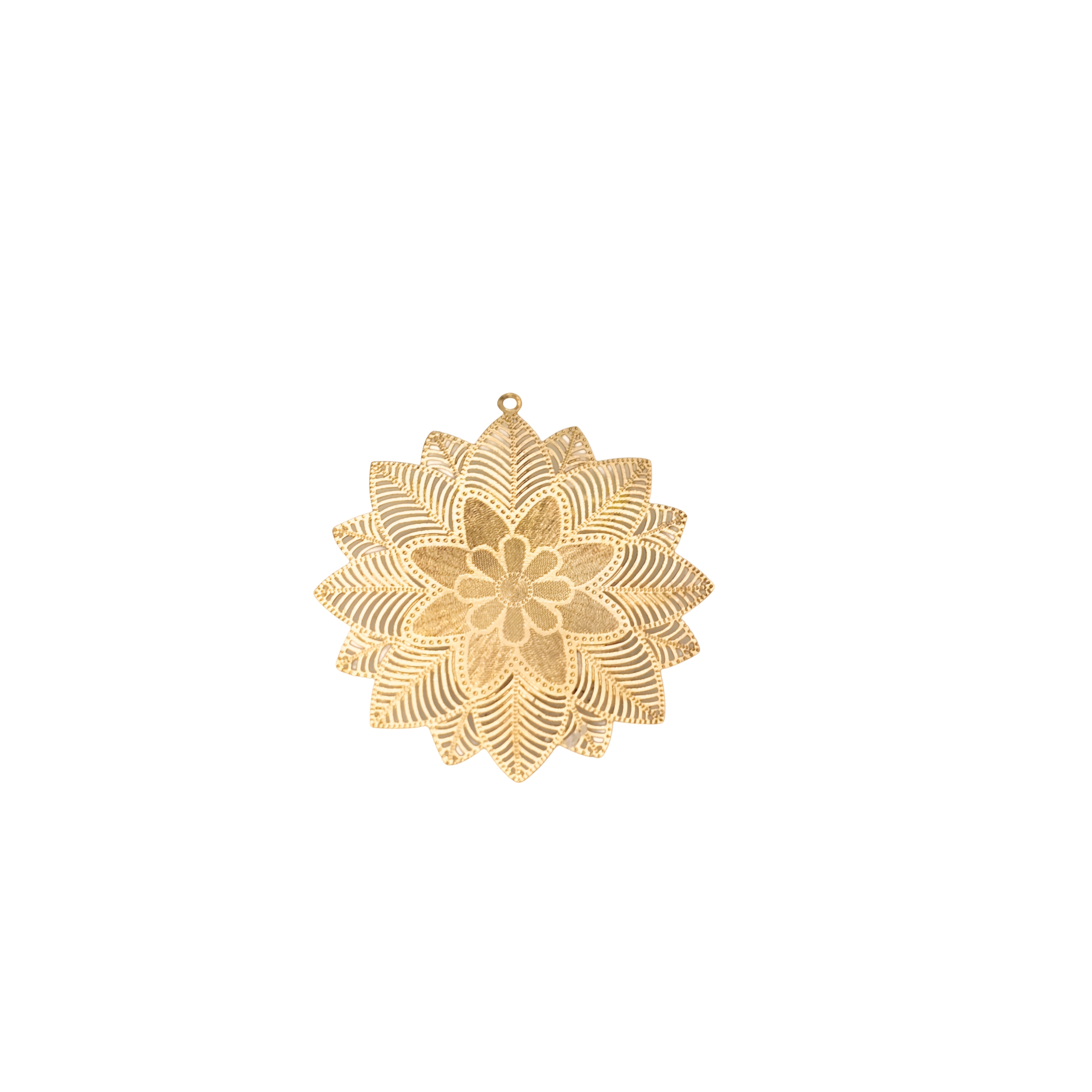 Filigrana tonda piatta sottile, con fiore centrale e foglie a raggiera, con anello in alto, 25x26 mm.