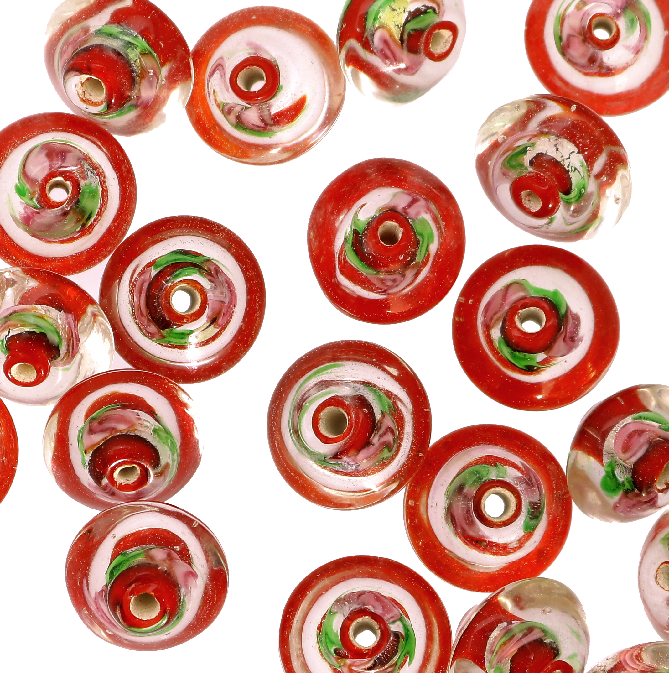 Murrina con foglia argento all'interno, a forma di bicono, 15 mm., con foro passante, colore Rosso
