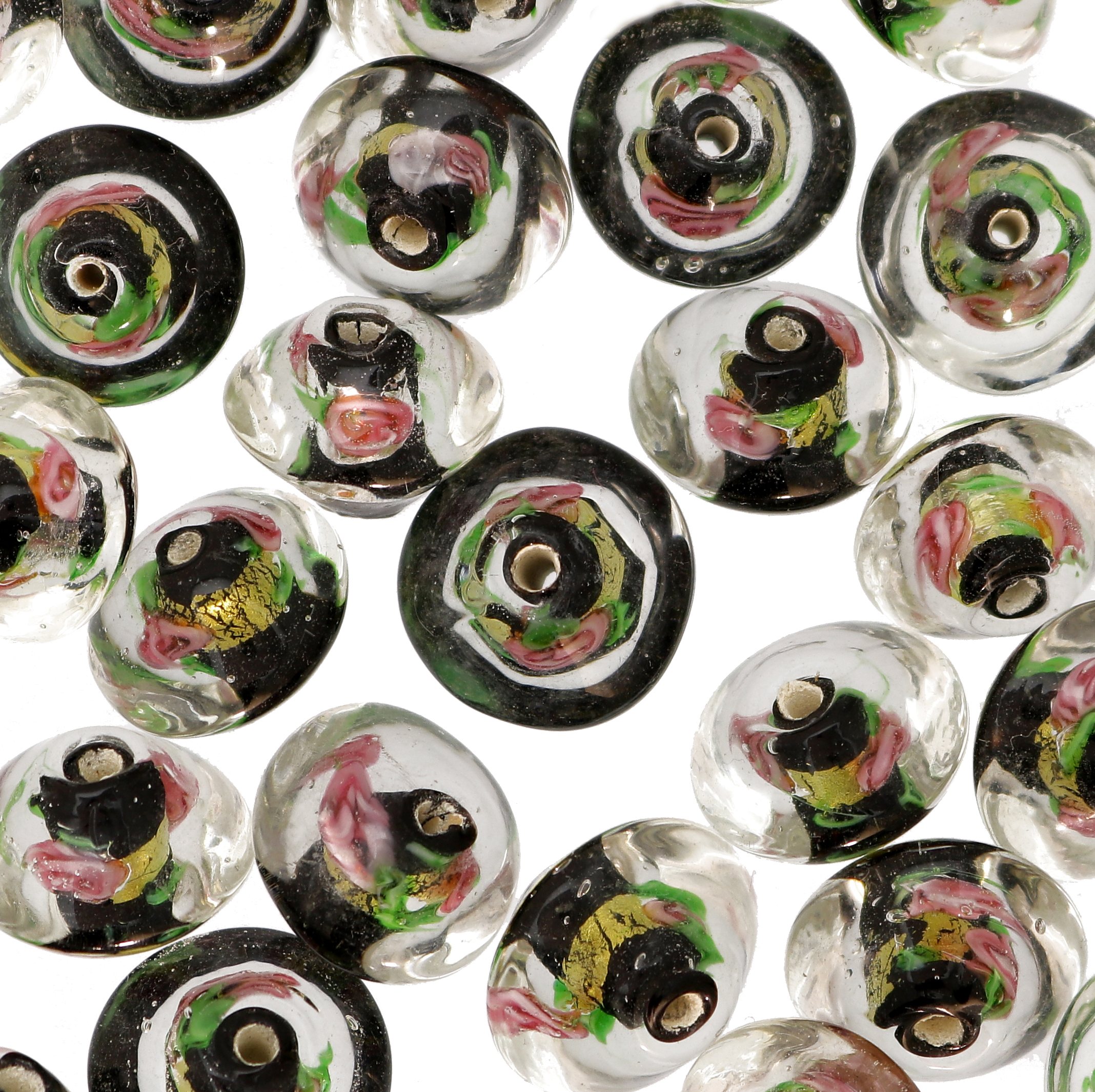 Murrina con foglia oro all'interno, a forma di bicono, 15 mm., con foro passante, colore Nero