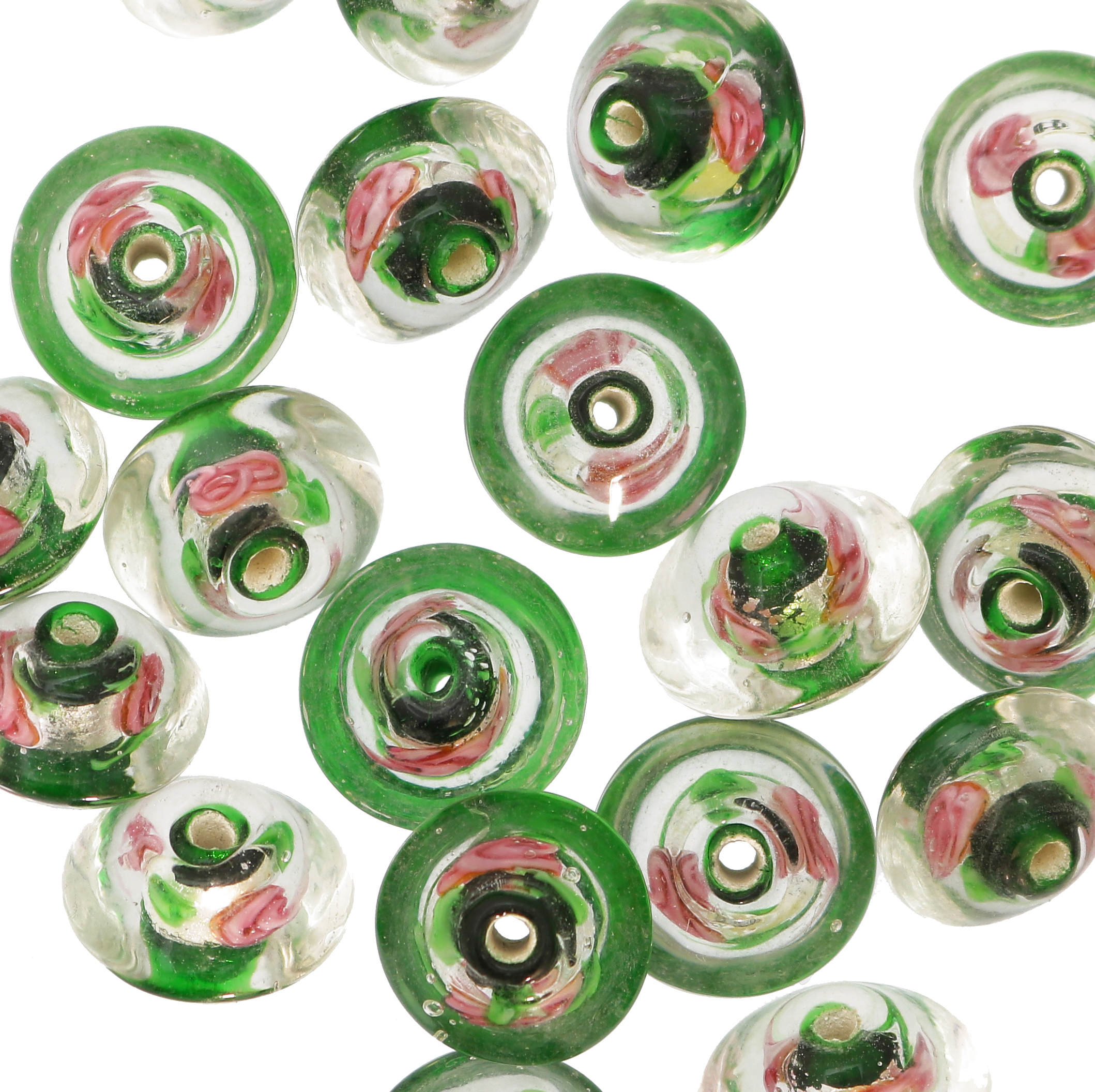 Murrina con foglia argento all'interno, a forma di bicono, 15 mm., con foro passante, colore Verde