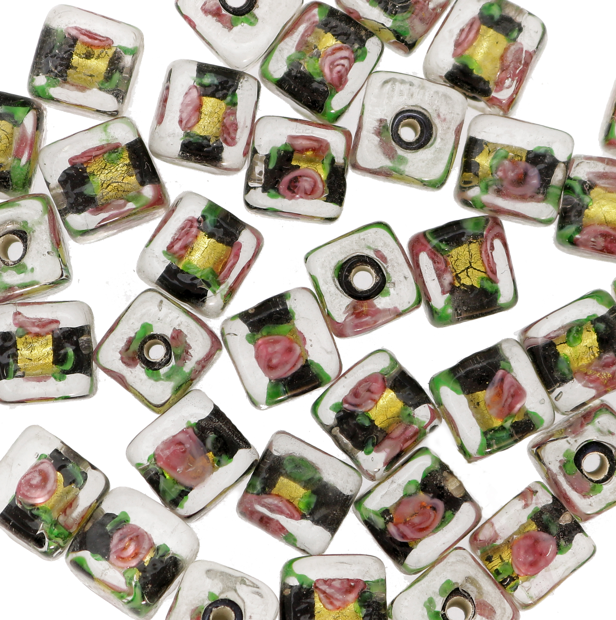 Murrina con foglia oro all'interno, a forma di cubo, 10 mm., con foro passante, colore Nero