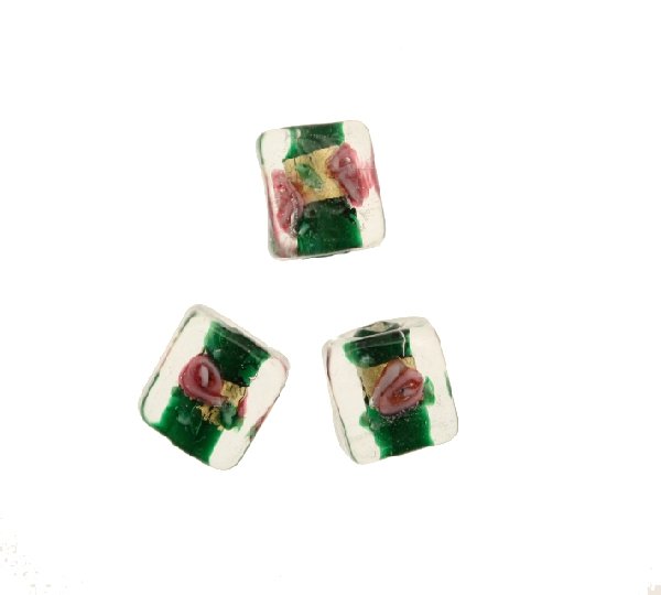 Murrina con foglia oro all'interno, a forma di cubo, 10 mm., con foro passante, colore Verde
