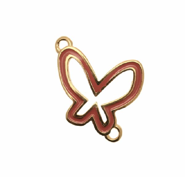 Ciondolo smaltato a doppio anello a forma di farfalla, base oro lucido, 25x23 mm.