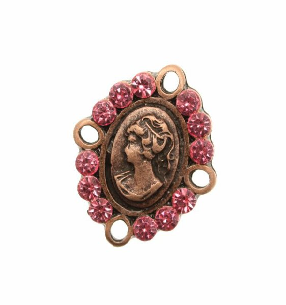Ciondolo smaltato con strass a forma di Cameo con 4 anelli e 12 strass 27x20 mm. Base rame antico