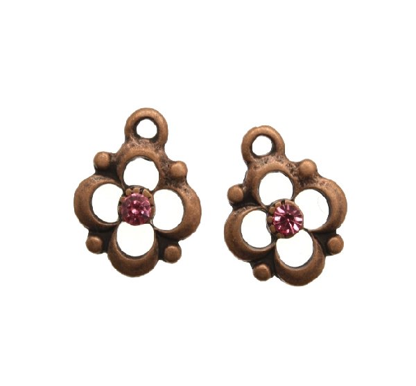 Ciondolo con strass a forma di fiore barocco con strass centrale 14 mm. Base rame antico