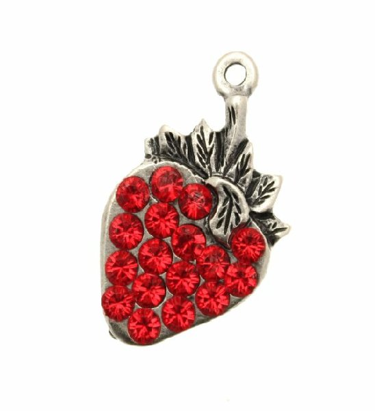 Ciondolo con strass a forma di fragola con 16 strass 23x18 mm. Base argento antico