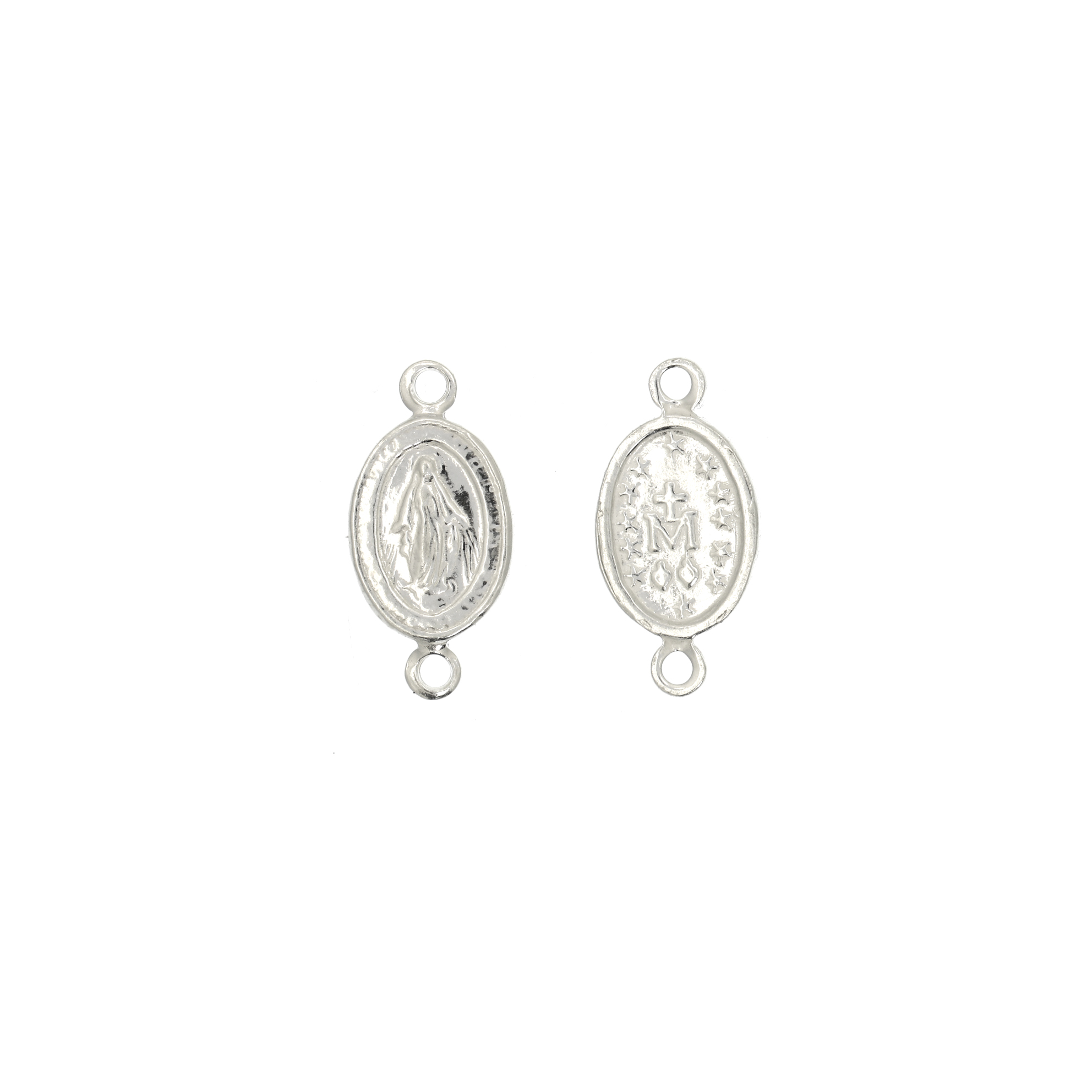 Ciondolo a forma di medaglia con madonnina, doppio anello, 8x16 mm., in Argento Lucido 925
