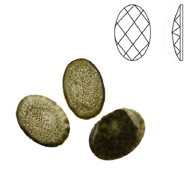 Cabochon ovale sfaccettato, in resina, colore VERDE OLIVA NUVOLATO IN BIANCO