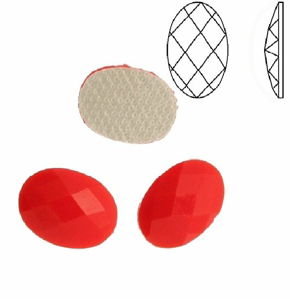Cabochon ovale sfaccettato, termoadesivo, in resina, colore ROSSO