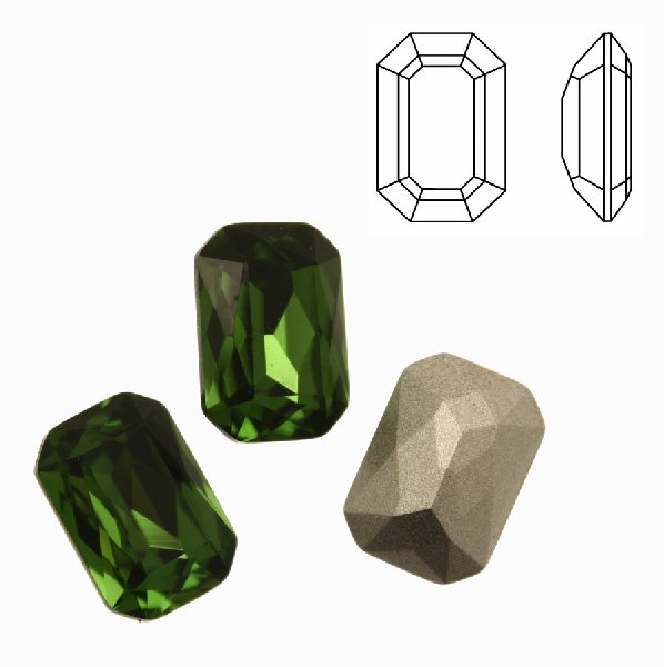Gemma rettangolare sfaccettata (con gli angoli smussati), in cristallo, colore VERDE OLIVA SCURO