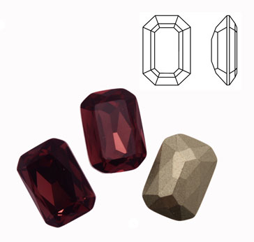 Gemma rettangolare sfaccettata (con gli angoli smussati), in cristallo, colore BURGUNDY