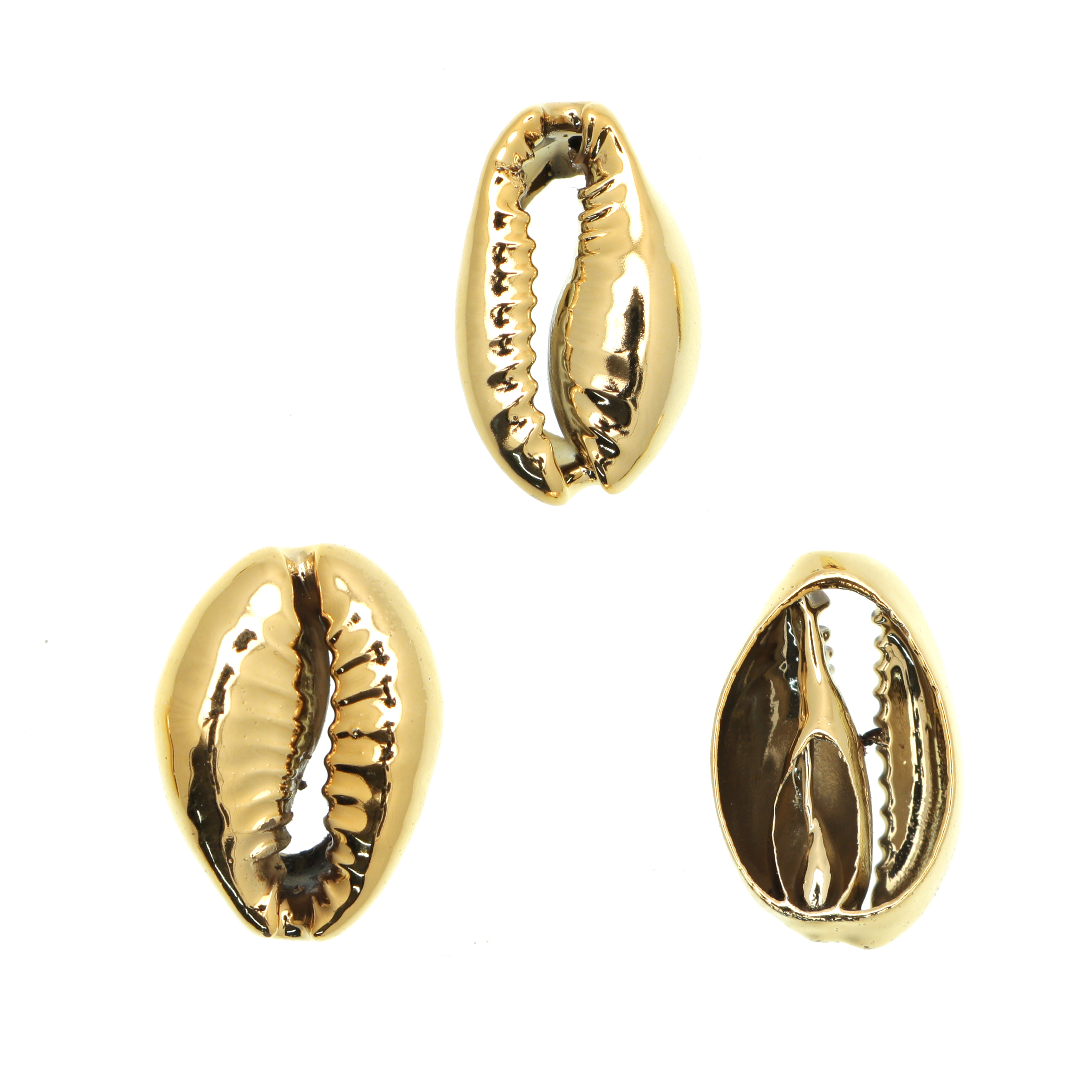 Conchiglia ciprea, tagliata sotto, galvanizzata nel colore oro lucido, 10x15 mm.
