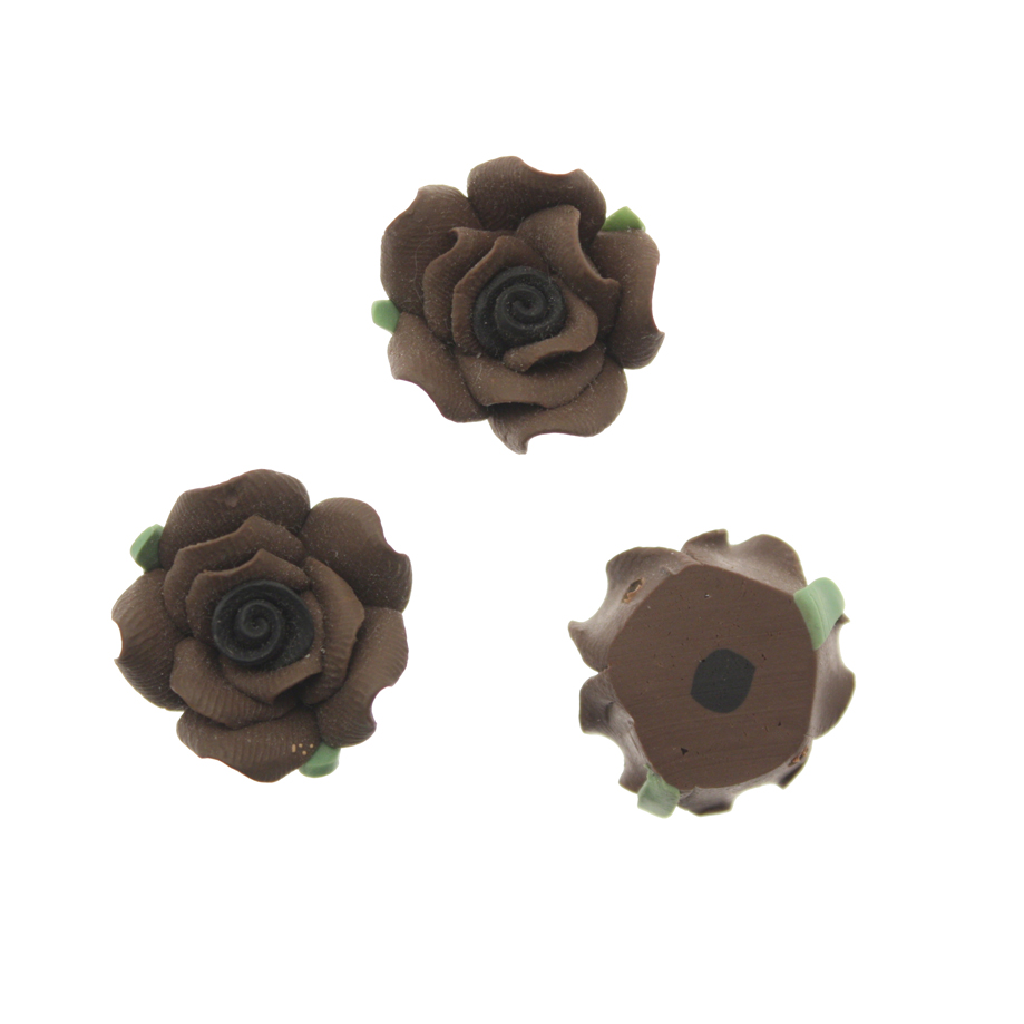 Rosa in pasta di fimo colorata, piatta sotto con foro passante, larga 18 mm., alta 11 mm., colore Marrone