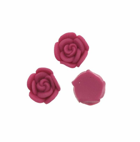 Rosa in pasta di fimo colorata, piatta sotto, da incollo, larga 10 mm., alta 5 mm., colore Fucsia