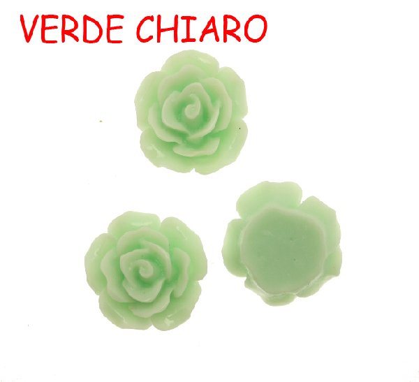 Rosa in resina colorata, piatta sotto, da incollo con foro passante, larga 18 mm., colore Verde chiaro