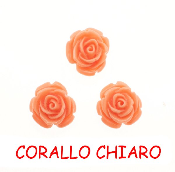Rosa in resina colorata, piatta sotto, da incollo con foro passante, larga 18 mm., colore Corallo chiaro
