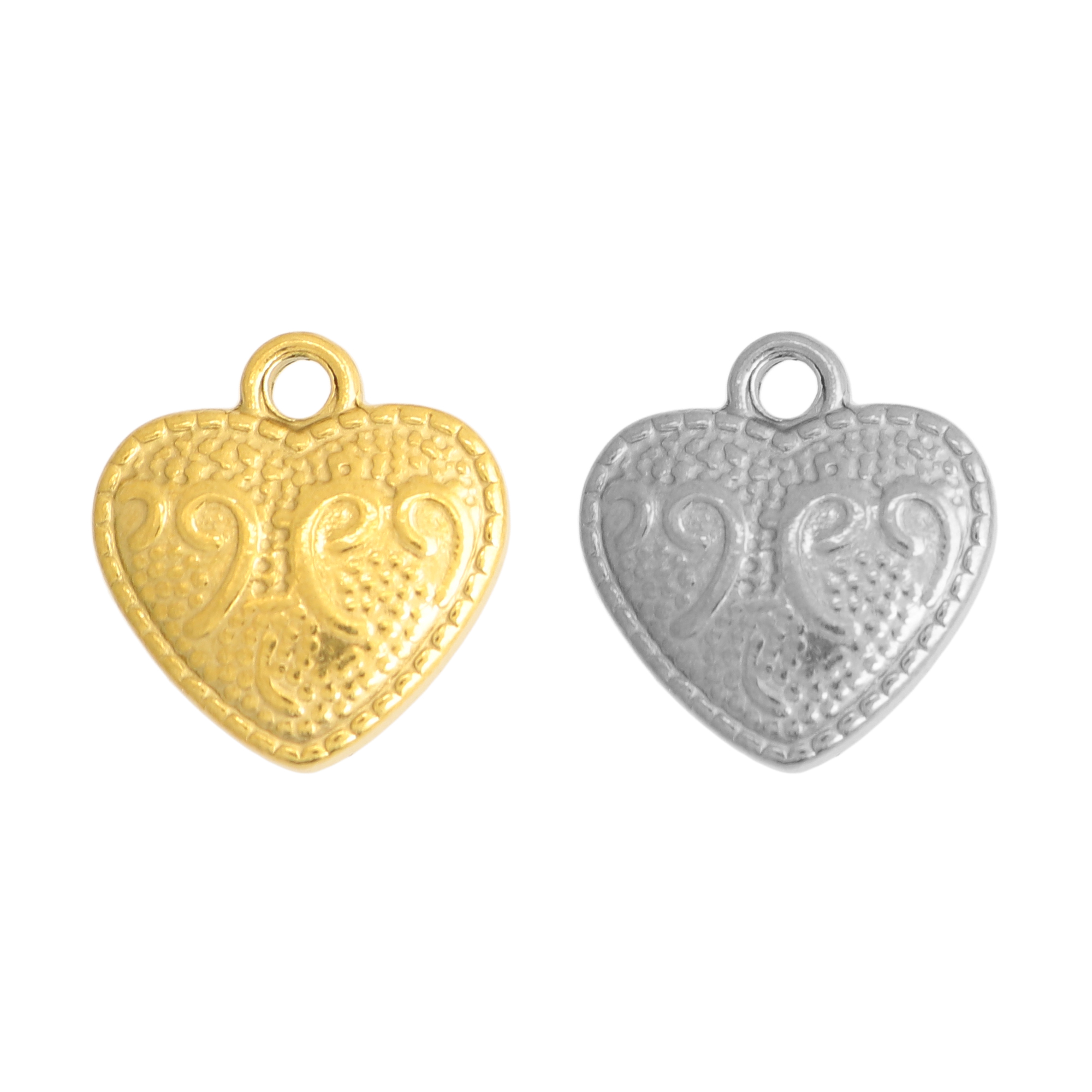 Ciondolo, in Acciaio, a forma di cuore Bombato Lavorato, 15x16 mm.