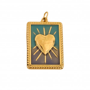Ciondolo in acciaio oro vintage, forma Rettangolare smaltata con Cuore a rilievo 18x25mm sfumato sul blu