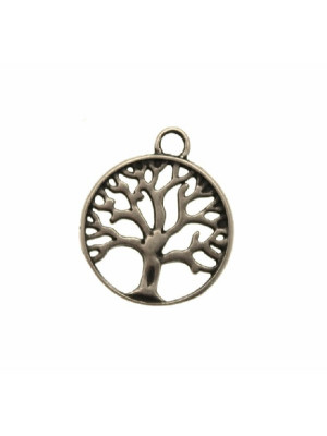 Ciondolo a forma di medaglia con disegno traforato ad albero e anello sopra, 19x23 mm.