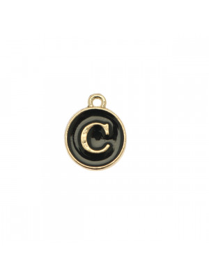  Ciondolo a forma di medaglia tonda con lettera "C", smaltata Nera, 12x14 mm.