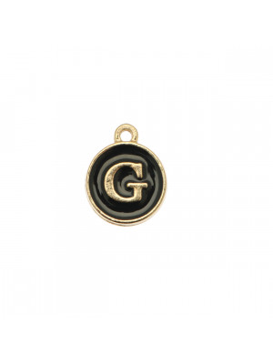  Ciondolo a forma di medaglia tonda con lettera "G", smaltata Nera, 12x14 mm.