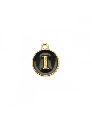  Ciondolo a forma di medaglia tonda con lettera "I", smaltata Nera, 12x14 mm.