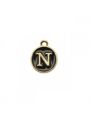  Ciondolo a forma di medaglia tonda con lettera "N", smaltata Nera, 12x14 mm.