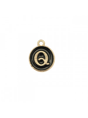  Ciondolo a forma di medaglia tonda con lettera "Q", smaltata Nera, 12x14 mm.