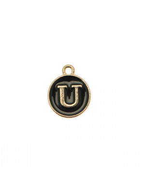  Ciondolo a forma di medaglia tonda con lettera "U", smaltata Nera, 12x14 mm.