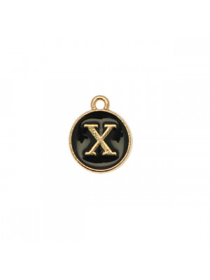  Ciondolo a forma di medaglia tonda con lettera "X", smaltata Nera, 12x14 mm.