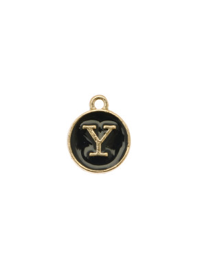  Ciondolo a forma di medaglia tonda con lettera "Y", smaltata Nera, 12x14 mm.