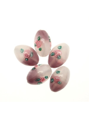 Murrina a forma di oliva liscia e disegno fiore, 12x9 mm., colore bianco sfumato in ametista