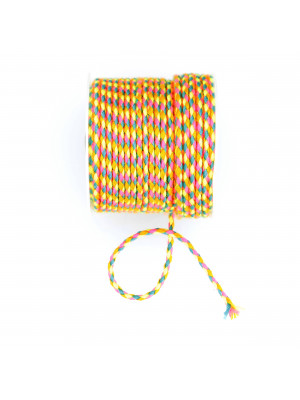 Cordoncino tubolare intrecciato, sintetico, diametro 2 mm., colore Giallo-Azzurro-Fuxia-Ocra