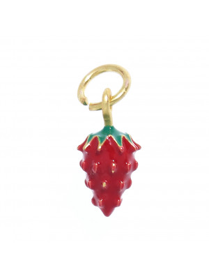 Ciondolo a forma di Fragola smaltata rosso e verde, 7x15 mm., base Oro Lucido