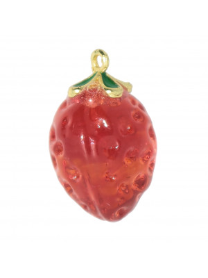 Ciondolo a forma di Fragola in Vetro colore rosso e verde, 13x22 mm., base Oro Lucido
