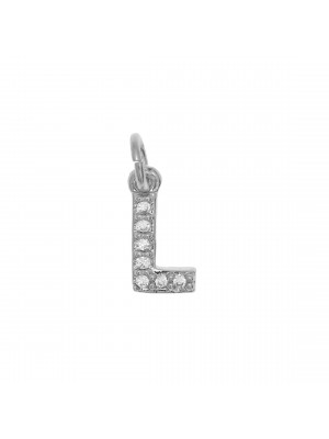 Ciondolo a forma di lettera "L", 9x4 mm., strass colore Crystal, base colore Argento Rodio