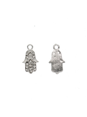 Ciondolo a forma di mano di Fatima con strass color Crystal, 9x16 mm., colore base Argento Rodio