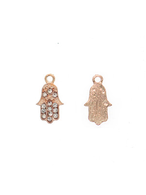 Ciondolo a forma di mano di Fatima con strass color Crystal, 9x16 mm., colore base Oro Rosa