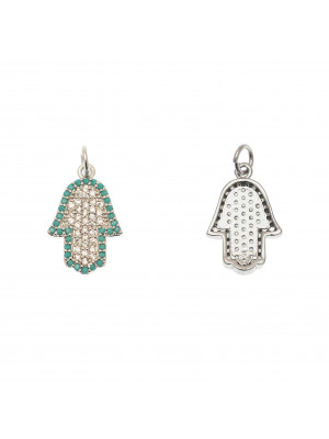 Ciondolo a forma di mano di Fatima con strass color Crystal e Turchese, 12x18 mm., colore base Argento Rodio
