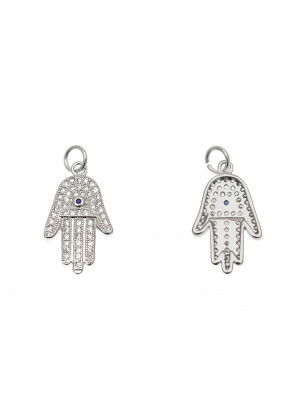 Ciondolo a forma di mano di Fatima con strass color Crystal, strass centrale Blu, 12x20 mm., colore base Argento Rodio