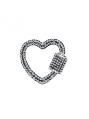 Ciondolo a forma di cuore, con chiusura a vite, con strass Nero, 25x22 mm., base in metallo colore Argento Rodio