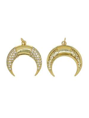 Ciondolo, a forma di mezzaluna, con strass color Crystal, 24x24mm., base in metallo color Oro Lucido