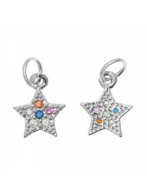 Ciondolo a forma di stella, con strass Multicolor, 11x9 mm., base in metallo colore Argento Rodio