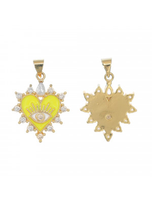 Ciondolo a forma di Cuore, con occhio all'interno, con strass attorno colore Crystal, 23x19 mm., base colore Oro Lucido