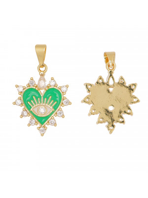 Ciondolo a forma di Cuore, con occhio all'interno, con strass attorno colore Crystal, 23x19 mm., base colore Oro Lucido